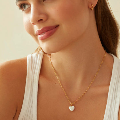 Pearl Heart Paperclip Necklace Gold